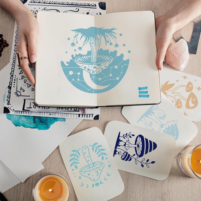 Keluna Mushroom Stencils for Painting, 18 Pcs Bohemian Art Craft, 12 Inch Large Reusable Crescent Moon Phase Drawing Template for Wood Wall Canvas Home Decor - Image 2
